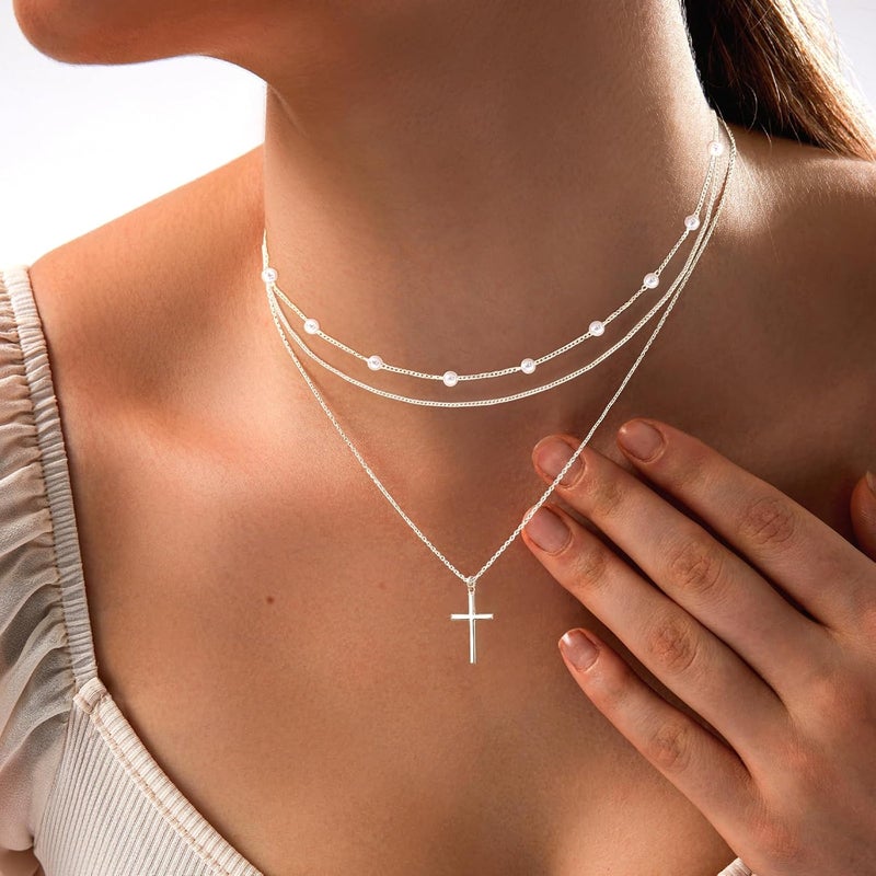 Zeffy Gold Pearl Necklace for Women, Dainty 14K Gold/Silve Plated Layered Pearl Choker Pearl Earrings Pearl Bracelets Wedding Trendy Gold Jewelry Set for Women Gifts - Image 3